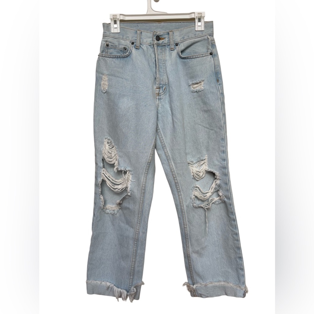 Carmar denim distressed button fly straight leg high waist jeans